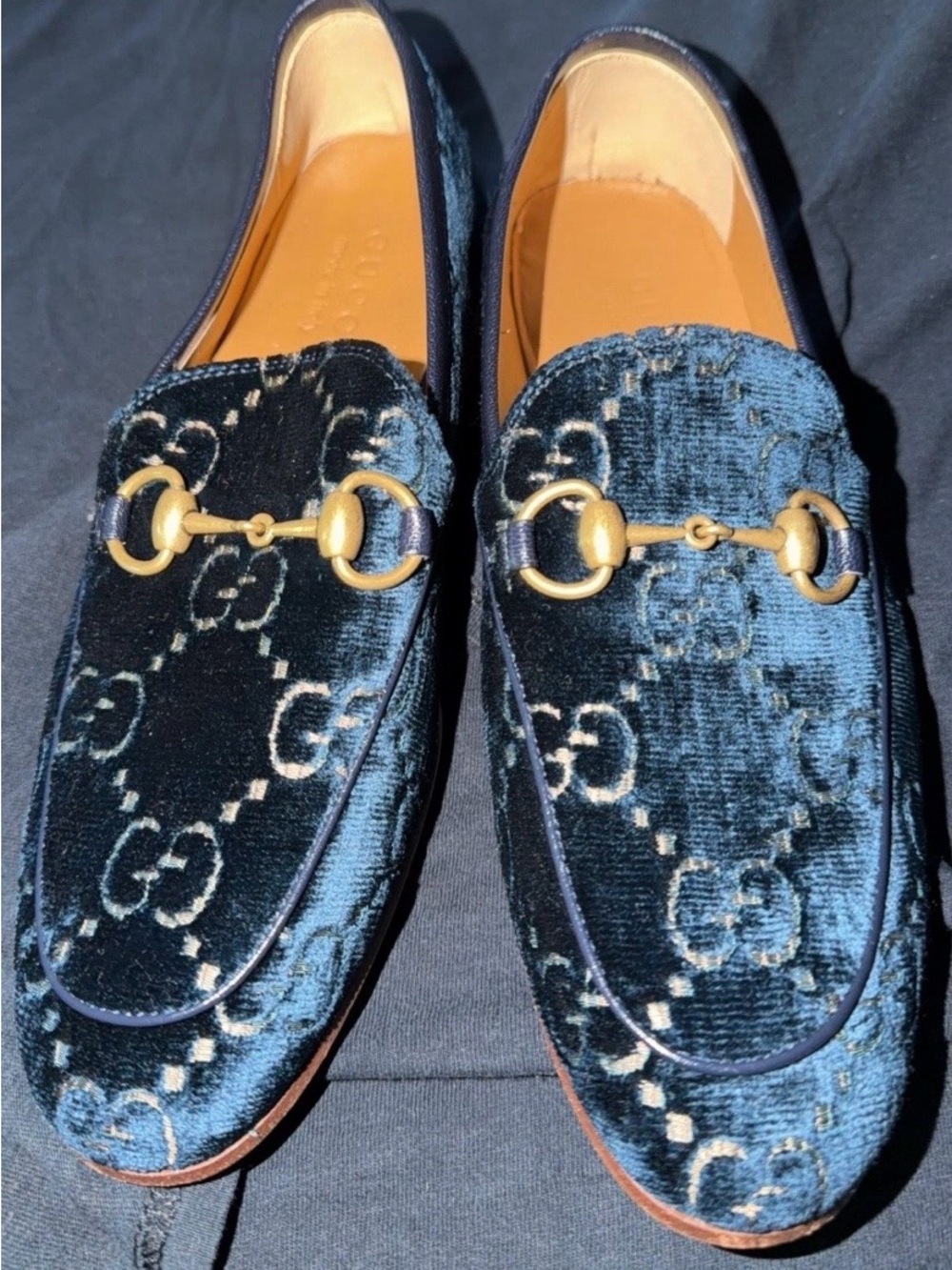 Gucci Navy Blue and Tan Leather Loafers